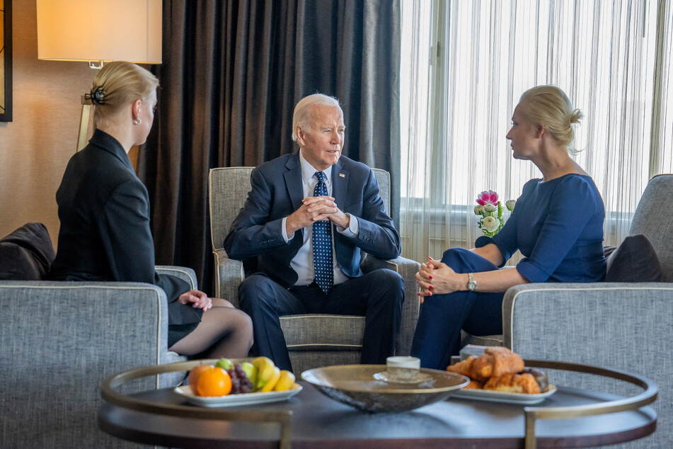 President Joe Biden speaks with Yulia Navalnaya and Dasha Navalnaya, the wife and daughter of Alexei Navalny, in San Francisco, California.