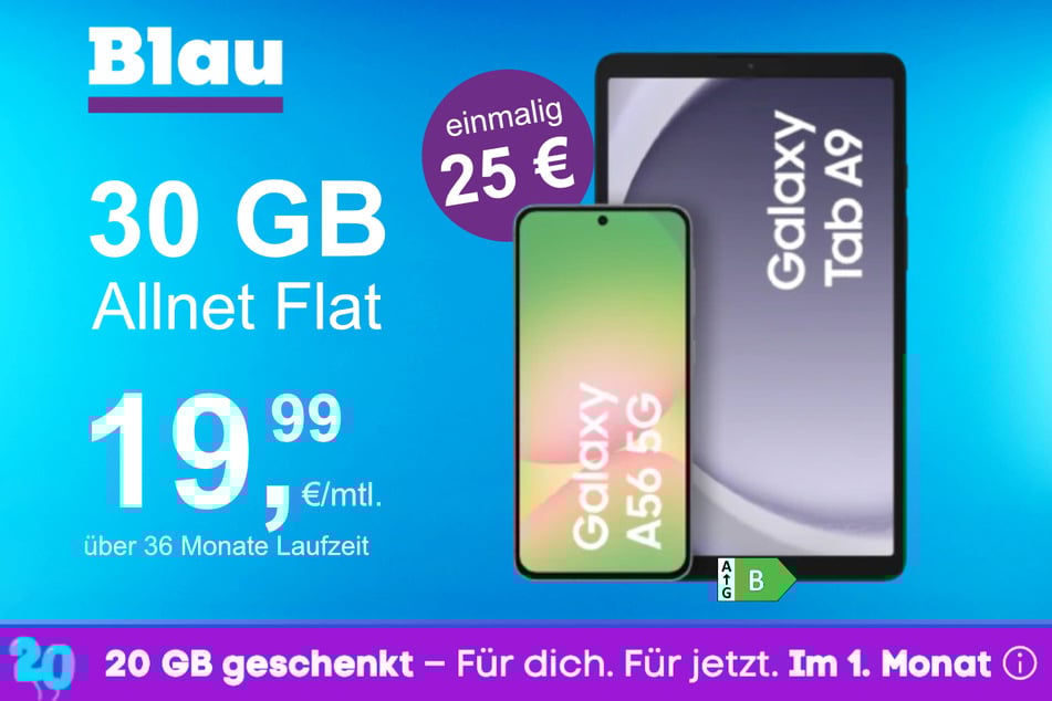 Das Samsung Galaxy A56 + Tab A9 im Blau Allnet L für einmalig 25 Euro.