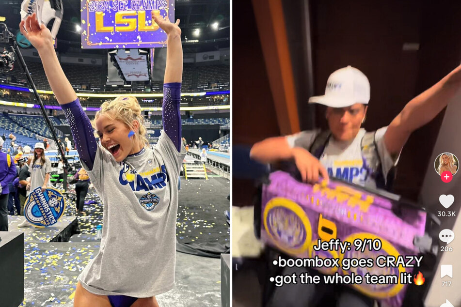 Olivia Dunne (l.) and her LSU teammates celebrated their SEC Championship win with a viral dance party.