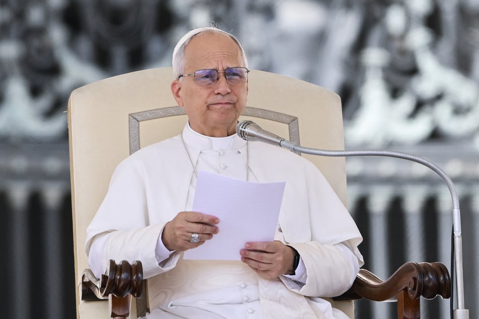 Pope Leo XIV delivers his speech during his weekly general audience at St. Peter’s Square in the Vatican on September 17, 2025.
