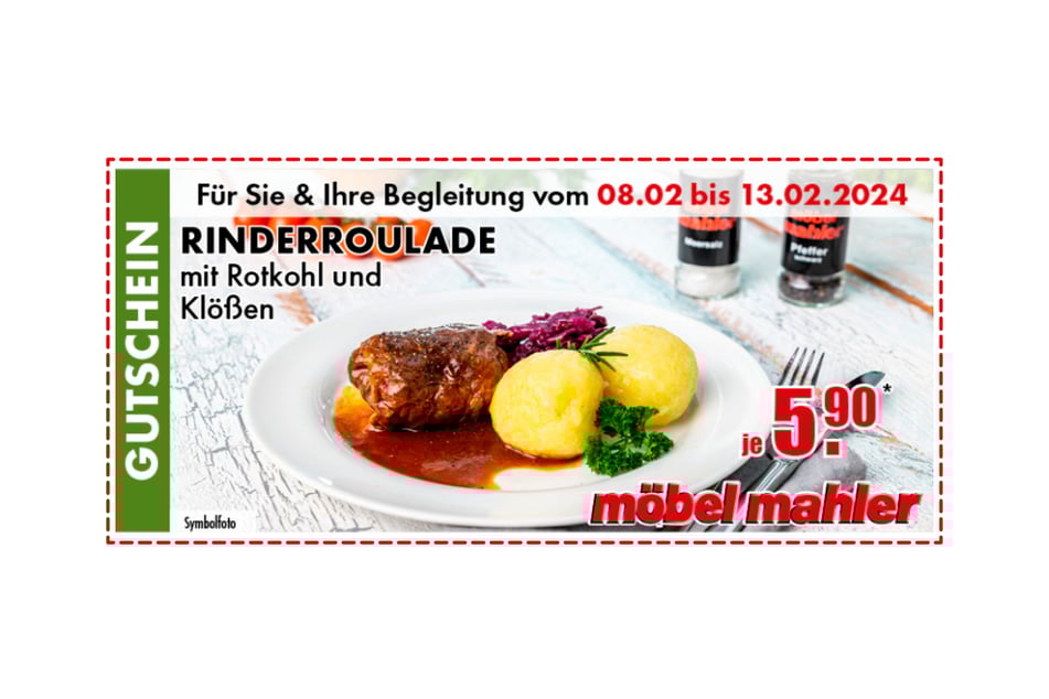 Den Coupon einfach auf dem Handy an der Kasse vorzeigen, sparen und Rinderrouladen genießen.