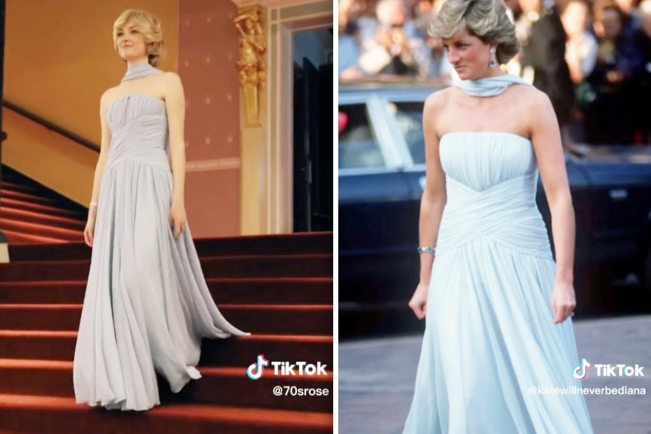 Hier rekreierte Rose (links) den ikonischen Auftritt von Prinzessin Diana auf den Filmfestspielen in Cannes 1987.