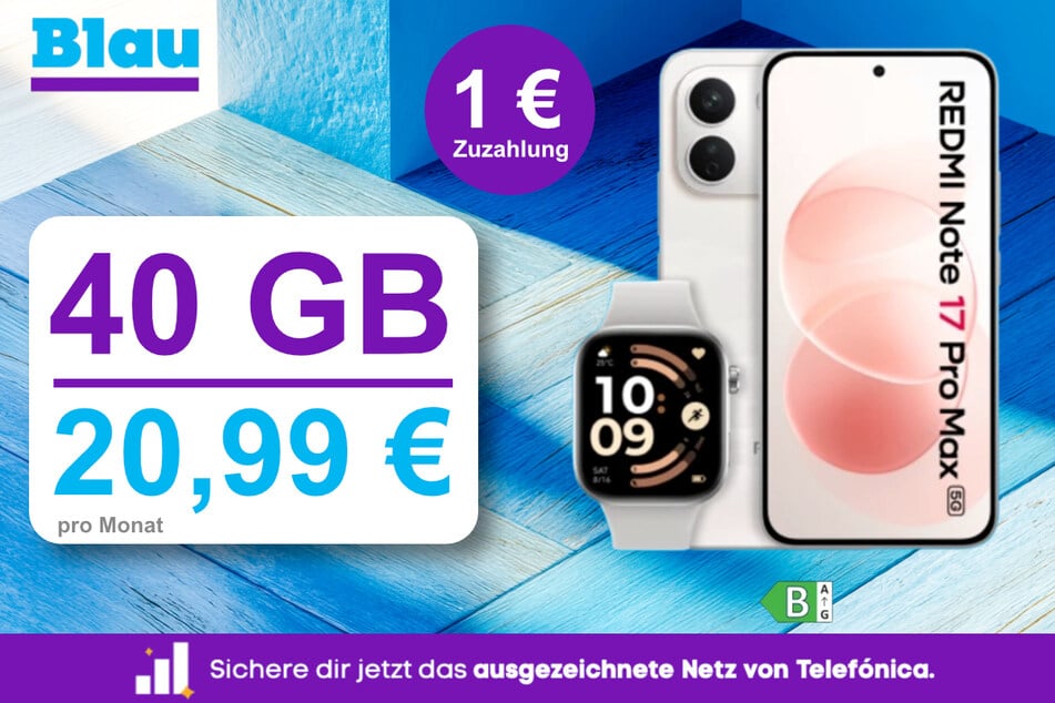 Das Xiaomi Redmi Note 17 Pro Max 5G mit Redmi Watch 6 mit 40 GB Daten für einmalig 1 Euro bei Blau.