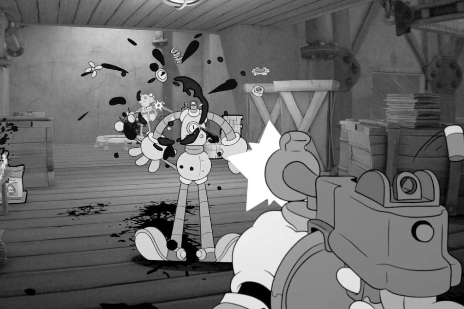 Ist es Blut? Ist es Öl? Es ist auf jeden Fall in Graustufen. Durch den Schwarz-Weiß-Filmeffekt wirkt die Comic-Gewalt gegen die 2D-Feinde weniger brutal.