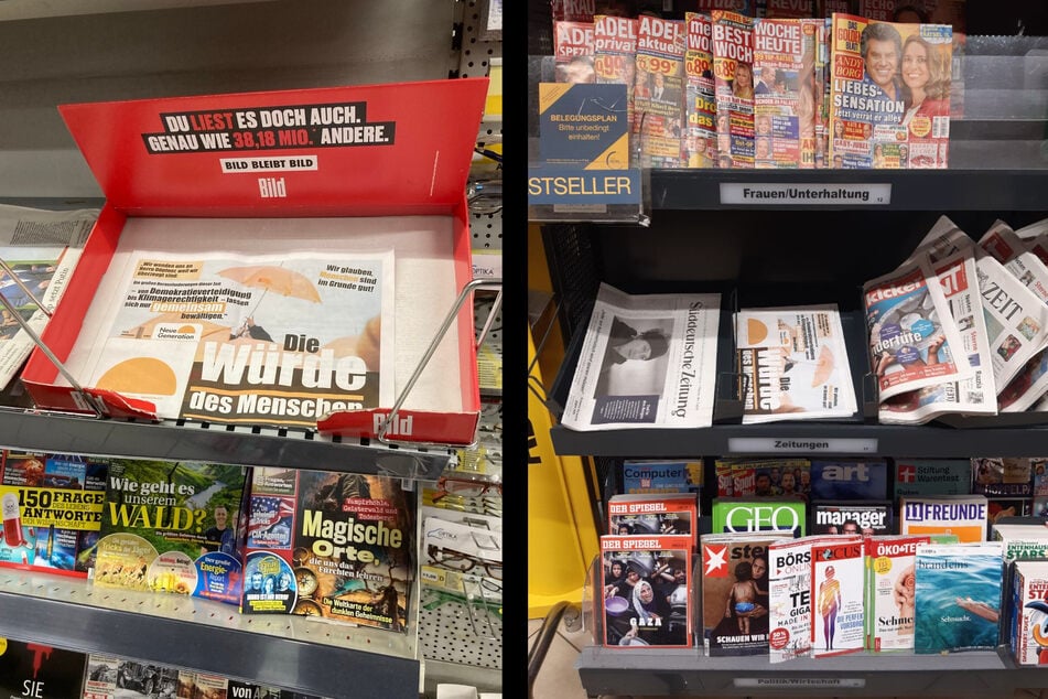 Die sogenannte utopische "Bild"-Zeitung liegt in Supermärkten aus.