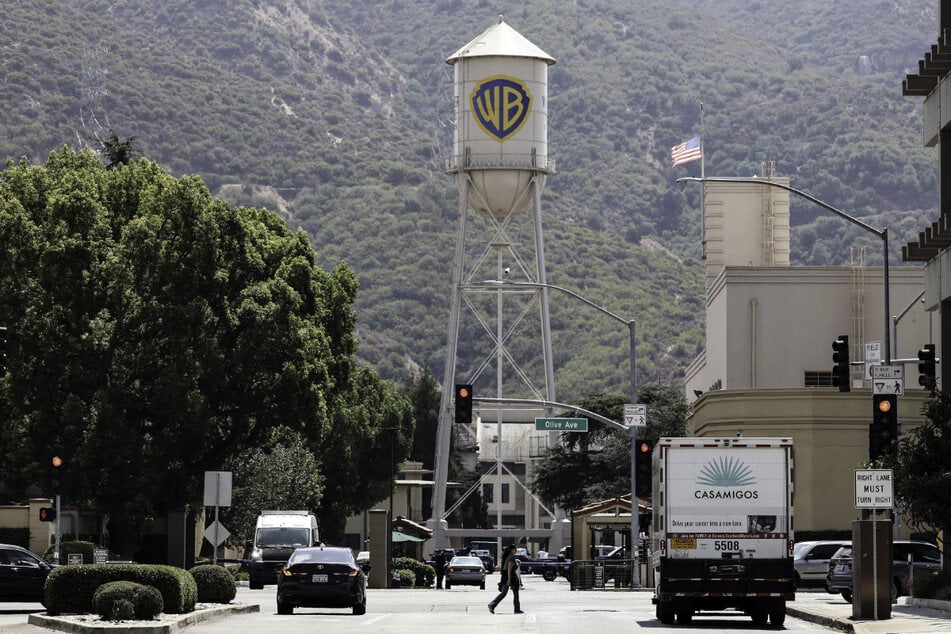 The Warner Bros. logo is displayed on a water tower at the studio's headquarters in Burbank, California.