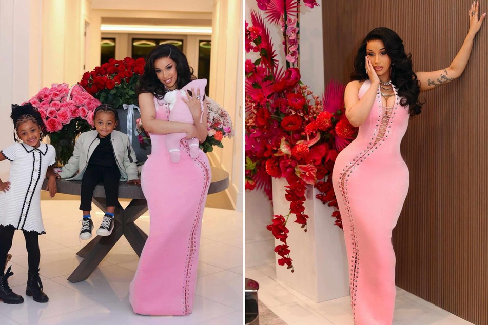 In her first birthday 'fit check posted to Instagram on Sunday, Cardi rocks a low-cut form-fitting lace-up maxi dress in light pink alongside her three kiddos.