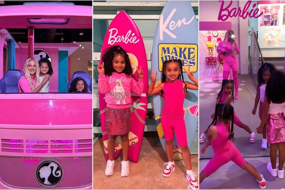 Kim and Khloé's daughters and nieces pose in front of life-sized Barbie boxes, trucks, and surfboards at the World of Barbie exhibit.