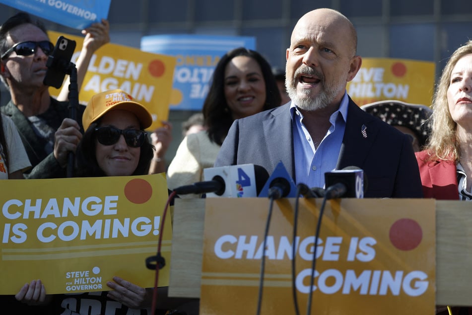 California Republican gubernatorial candidate Steve Hilton speaks during a press conference outside the Los Angeles County Registrar of Voters in Norwalk on June 9, 2026.