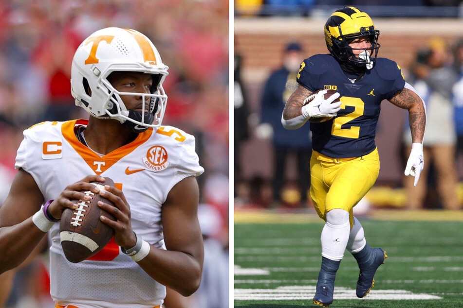 Hendon Hooker of Tennessee (l) and Blake Corum of Michigan (r), two leading Heisman candidates, suffered seemingly serous injuries on Saturday that may possibly leave them out of action in the final week of the regular season.