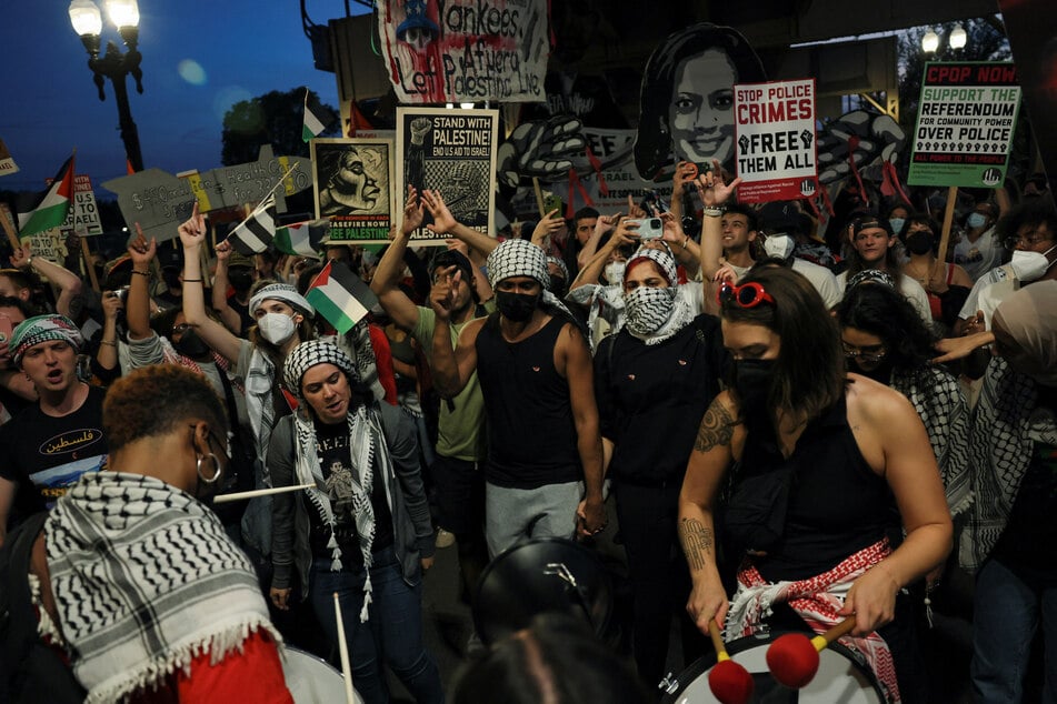 Demonstrators protest in support of Palestinian liberation and an end to US weapons transfers to Israel on the sidelines of the Democratic National Convention in Chicago, Illinois.