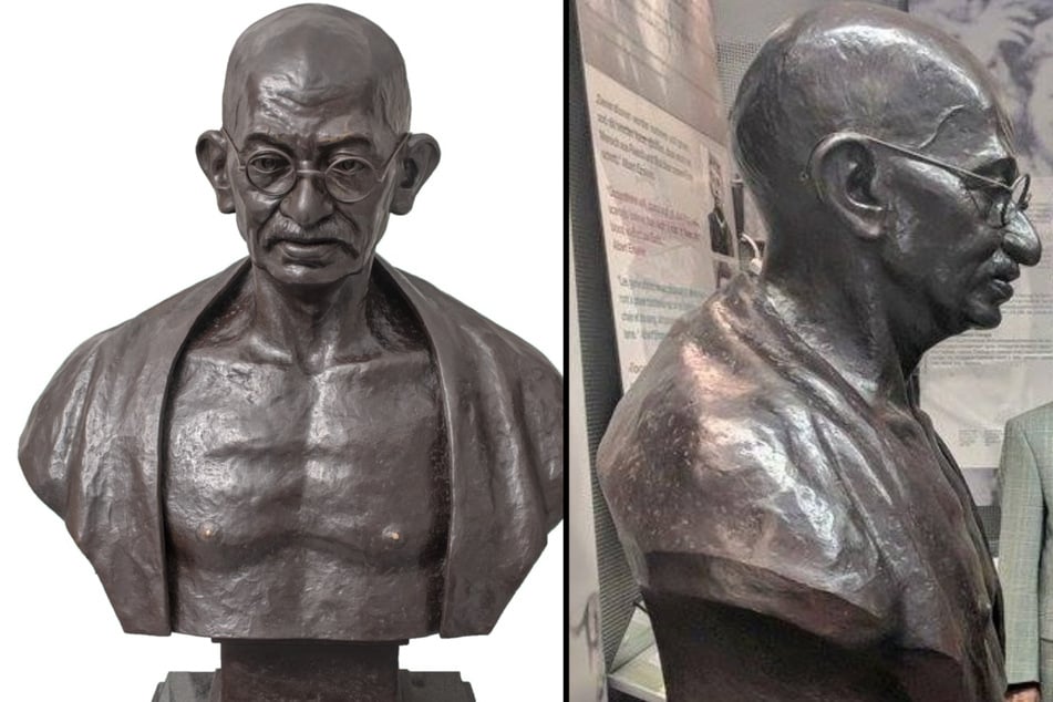 Die Büste von Mahatma Gandhi vermisst die Brille.