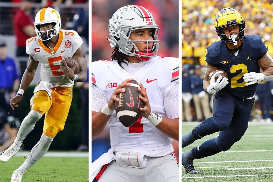 Hendon Hooker of Tennessee (l), CJ Stroud of Ohio State (c), and Blake Corum of Michigan are the top contenders for the Heisman Trophy after 11 weeks of college football.