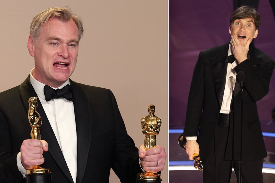 Christopher Nolan (l.) poses with the Oscar for Best Picture and Best Director for Oppenheimer, and Cillian Murphy with the Oscar for Best Actor, at the 96th Academy Awards in Los Angeles, California.