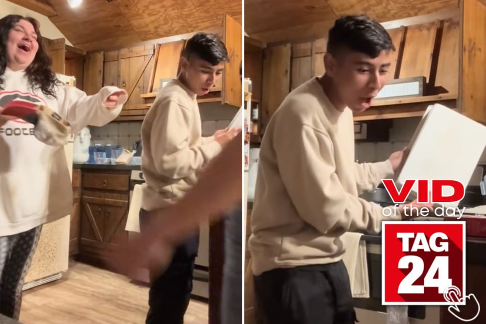 Three friends were baking together when they realized their friend had been spraying oil on the outside of the pan in a hilarious fail.