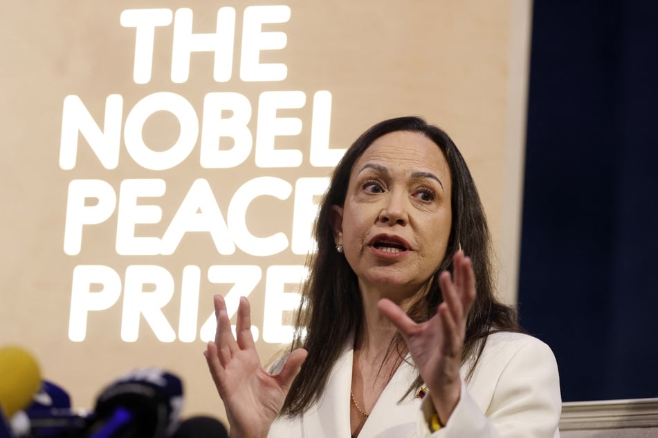 Nobel Peace Prize laureate María Corina Machado addresses a press conference at the Grand Hotel in Oslo, Norway, on December 11, 2025.