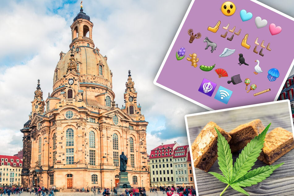 Ein Trip in die Dresdener Altstadt soll besonders sehenswert sein. Bald kann man wohl auch einen Cannabis-Brownie (r. unten) im Café genießen, während man Freunden das neue Elch-Emoji schickt (r. oben). (Symbolfoto)