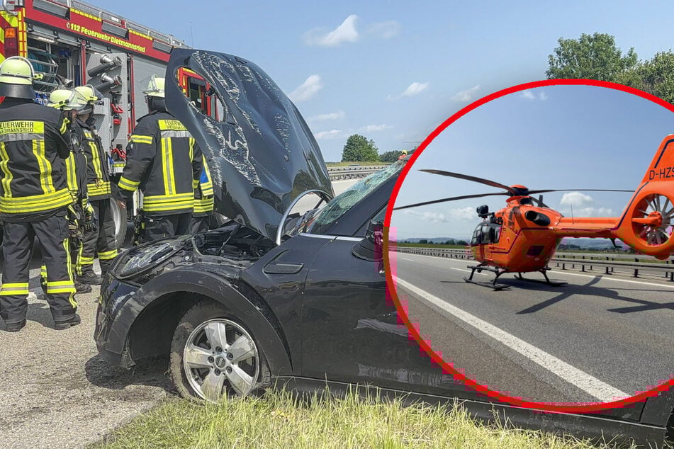 Unfall A7: Mini Cooper überschlägt sich bei Unfall: Hubschrauber landet mitten auf A7
