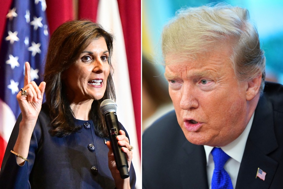 Donald Trump (r.) recently mocked his presidential challenger Nikki Haley (l.) and her husband, who is currently deployed overseas.