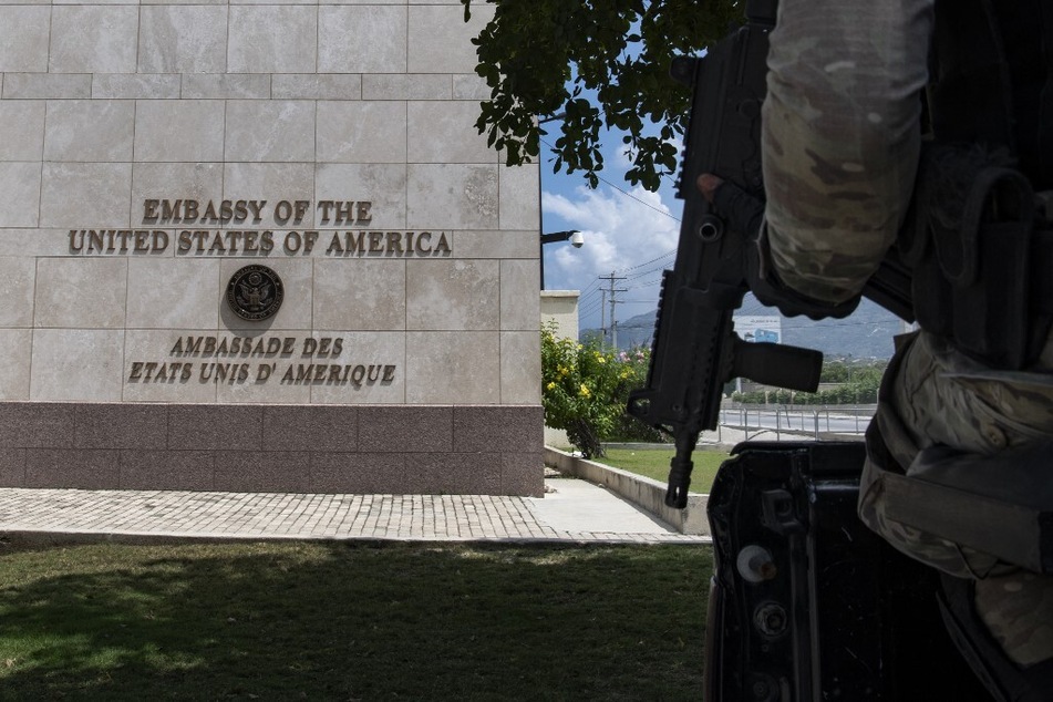 Haitian security personnel guard the US Embassy in Port-au-Prince.