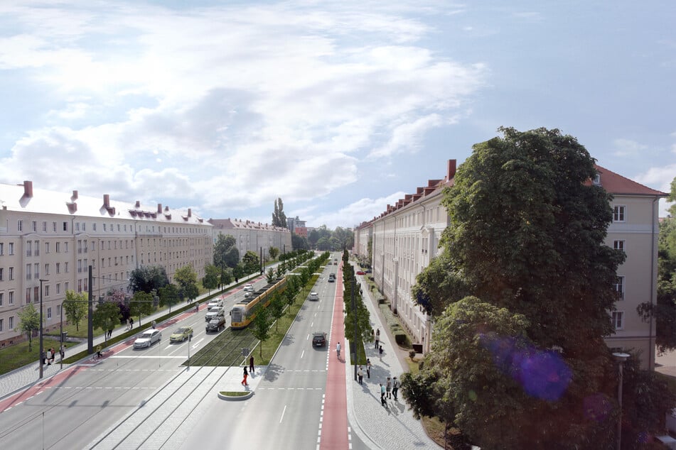Die Campuslinie soll von der Tharandter Straße bis zur Tiergartenstraße fahren. Diese Visualisierung zeigt den geplanten Abschnitt auf der Nürnberger Straße.
