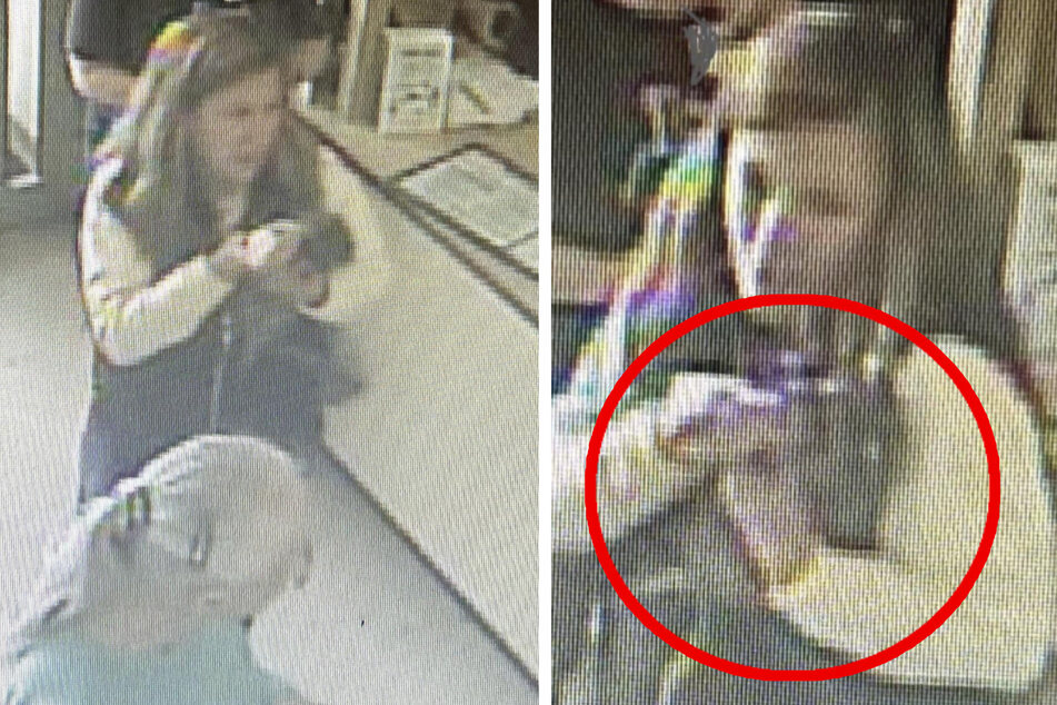 Überwachungsaufnahmen des Ladens zeigen, wie die Frau einen Waschbären auf ihrem Arm trägt.