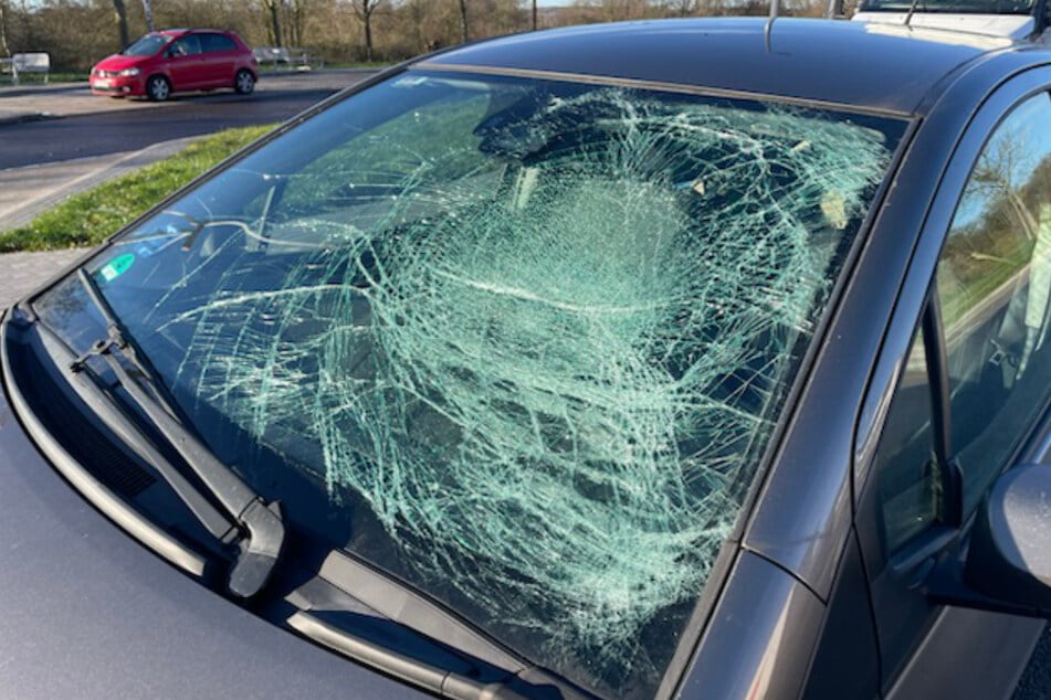 Die Windschutzscheibe des Autos wurde schwer beschädigt.