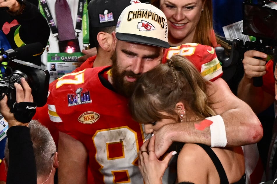 Taylor Swift and Kansas City Chiefs' tight end #87 Travis Kelce embrace after the Chiefs won Super Bowl LVIII against the San Francisco 49ers at Allegiant Stadium in Las Vegas, Nevada, February 11, 2024.