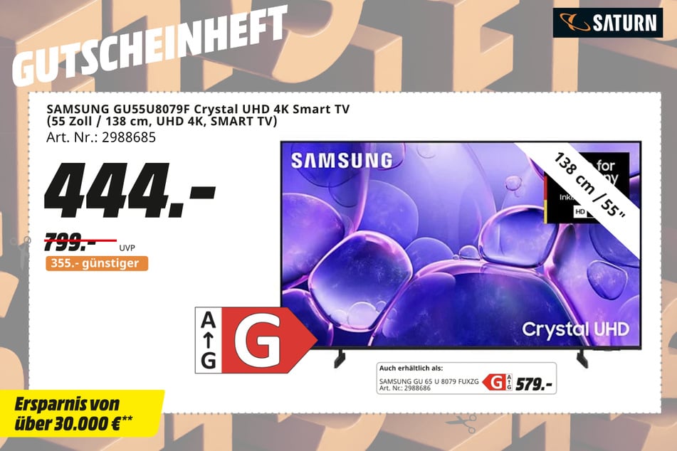 55-Zoll Samsung-Fernseher GU55U8079F für 444 statt 799 Euro.