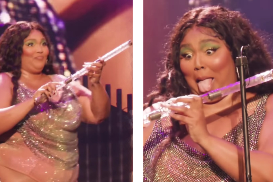 Lizzo plays a 200-year-old crystal flute onstage at the Capital One Arena in Washington DC on Tuesday.