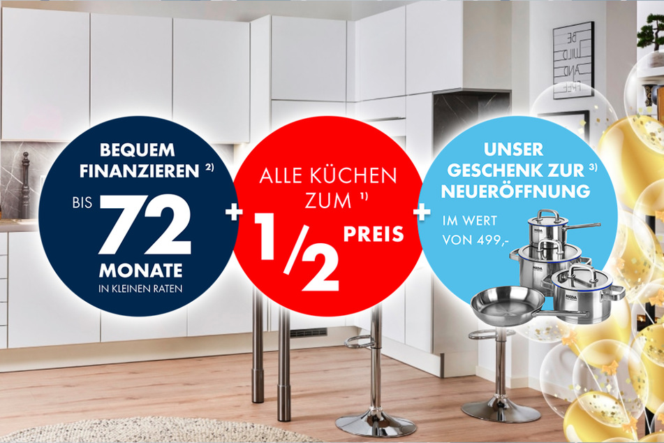 Bis zum 31. Januar 2024 gibt's Küchen zum halben Preis¹ sowie ein Topfset im Wert von 499 Euro³ geschenkt.
