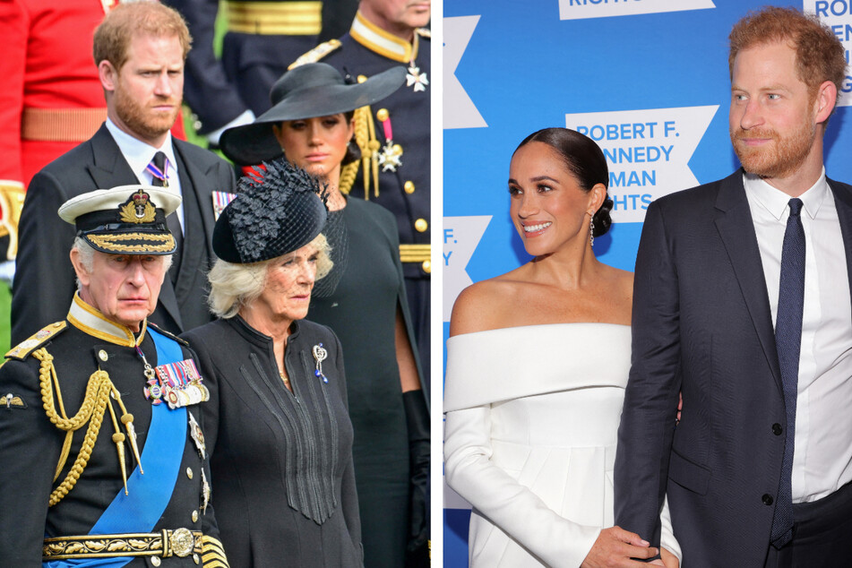 Charles and Camilla (l.) will be officially crowned in their royal coronation in May, but will Prince Harry and Meghan Markle (r.) be there?