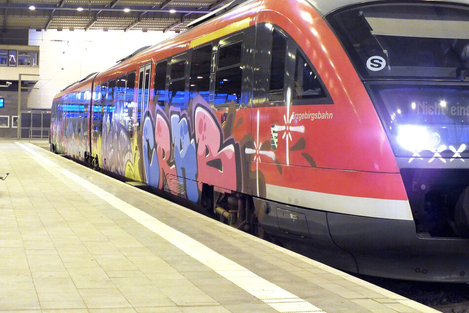 Immer wieder werden Züge mit Graffiti beschmiert, wie hier die Erzgebirgsbahn. Auch die MRB kennt das Problem und verzeichnet etliche Sachbeschädigungen (Archivbild).
