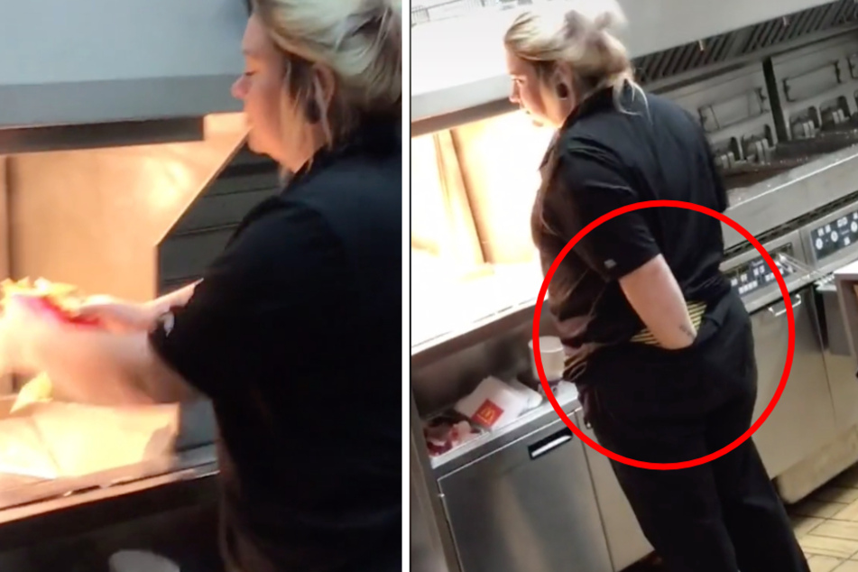McDonald's-Mitarbeiterin steckt Hand in Hose und fasst dann Pommes an