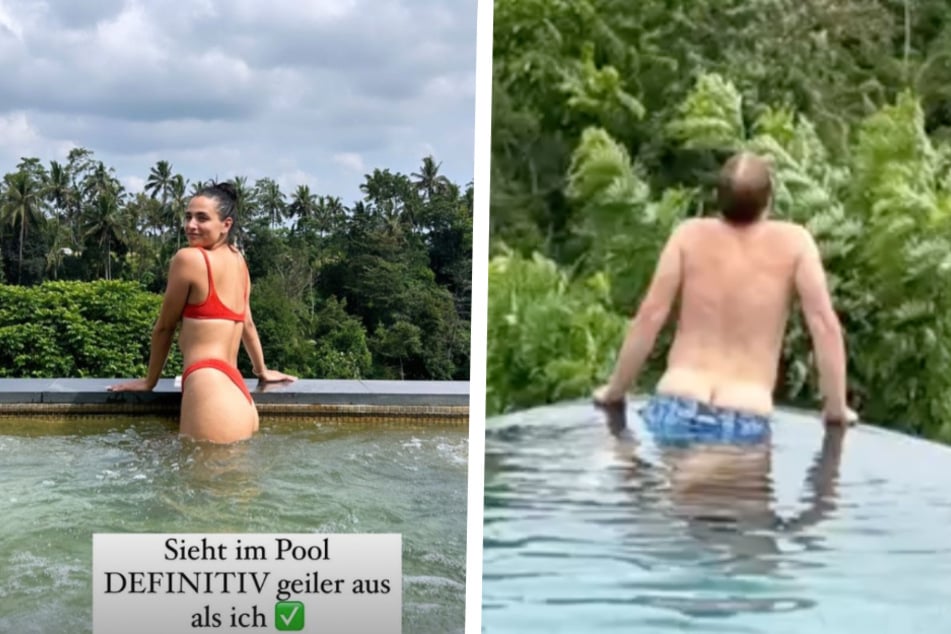 Im roten Bikini posierte Amira Pocher (30, l.) im Pool und stellte ihren Mann dabei locker in den Schatten.