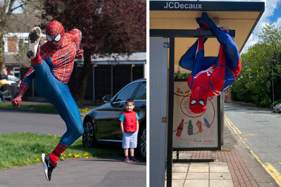 Jason (links) und sein Kumpel Andrew sind die "Spider-Men von Stockport". Mit ihren Performances machen sie viele Menschen glücklich und sammeln so auch Spenden für wohltätige Zwecke.