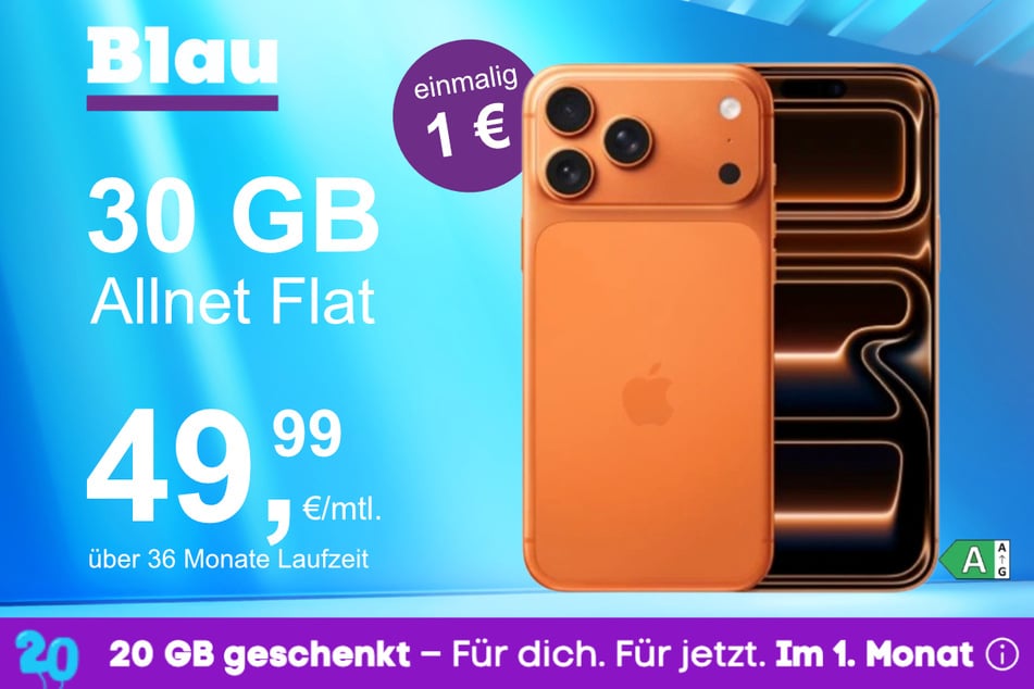 Das iPhone 17 Pro im Blau Allnet L für einmalig 1 Euro.