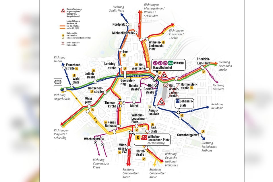 Der Augustusplatz kann während der Bauarbeiten von einigen Linien nicht angefahren werden, sie fahren stattdessen über Goerdelerring. Die Haltestelle Hauptbahnhof Wintergartenstraße entfällt.