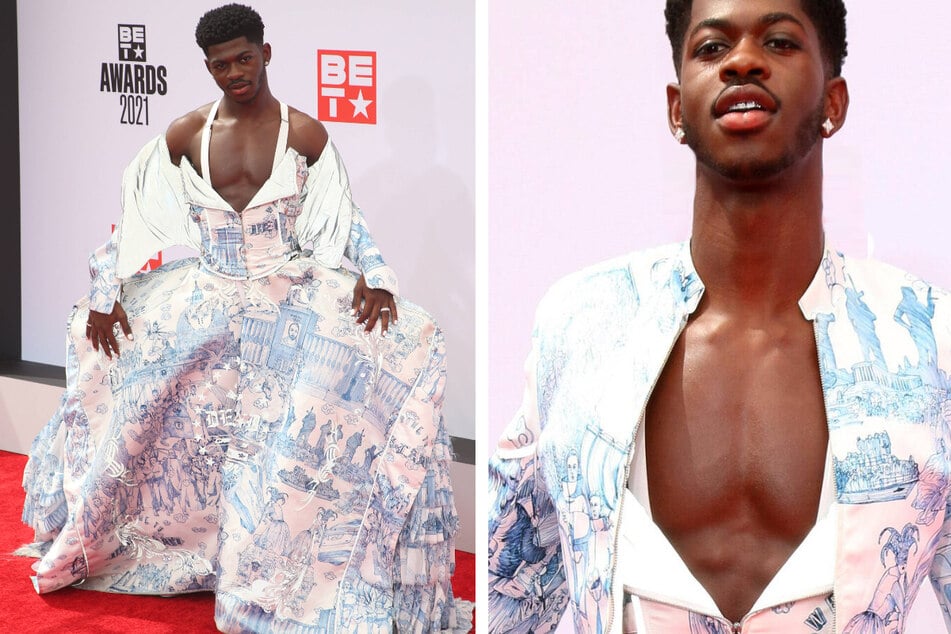 Lil Nas X donned a gown on the red carpet at the BET Awards on Sunday.