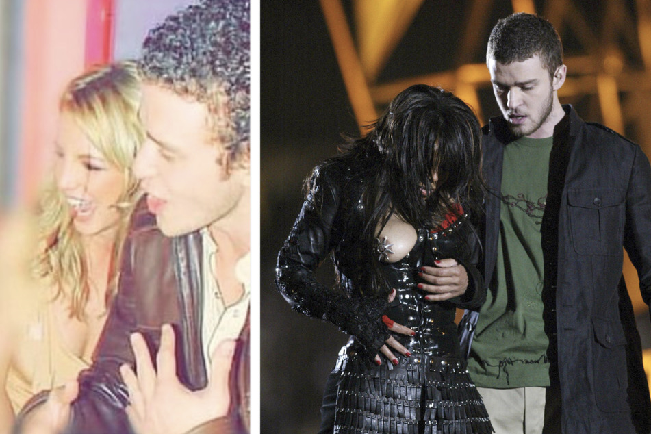 Britney shared a photo on Saturday that featured her and Justin Timberlake as a young couple (l.). The Superbowl halftime show mishap with Justin and Janet shocked the nation in 2004 (r.).