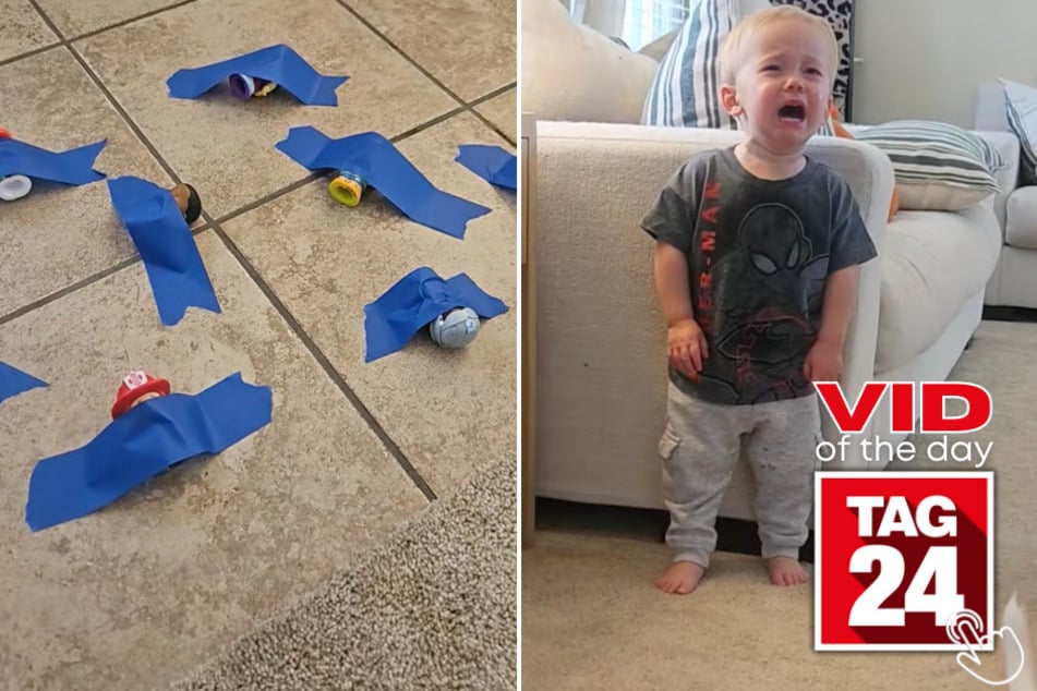 This toddler lost it after his mom taped all his action figures to the floor!