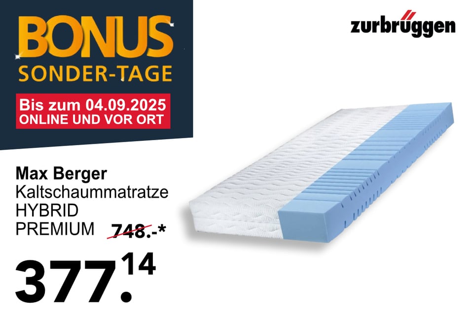 Die Max Berger Kaltschaummatratze HYBRID PREMIUM für 377,14 statt 748 Euro.