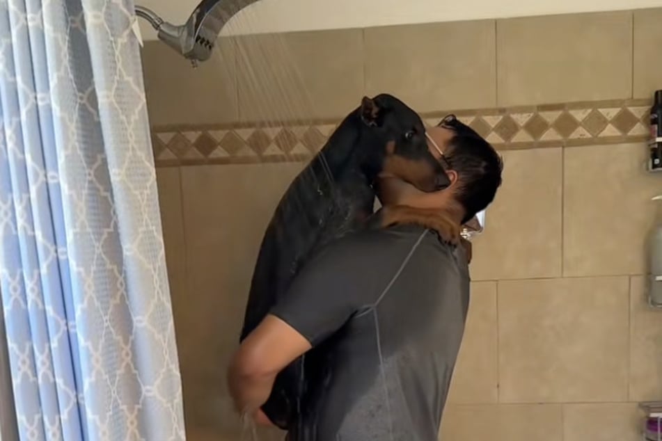 Le chien était couvert de boue lorsqu’il est rentré à la maison. Il a donc été douché, en même temps que son maître Osmin Azuara (29).