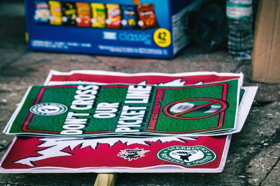 Protest signs are pictured outside a Starbucks location in Clearwater, Florida, as baristas remain on strike.