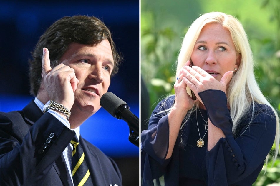 MAGA Republicans Marjorie Taylor Greene (r.) and Tucker Carlson (l.) have joined forces to oppose President Donald Trump's stance on Iran.