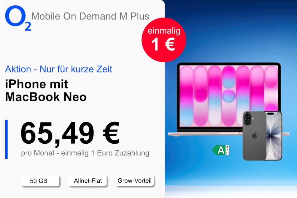 Das iPhone 17 mit MacBook Neo und 50 GB Daten für einmalig nur 1 Euro bei o2.