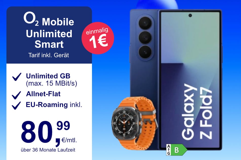 Das Samsung Galaxy Z Fold7 + Watch Ultra im o2 Mobile Unlimited Smart für einmalig 1 Euro.