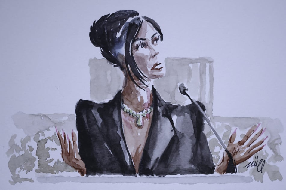 Kim Kardashian testifies during her robbery trial in Paris, France, in a courtroom sketch.