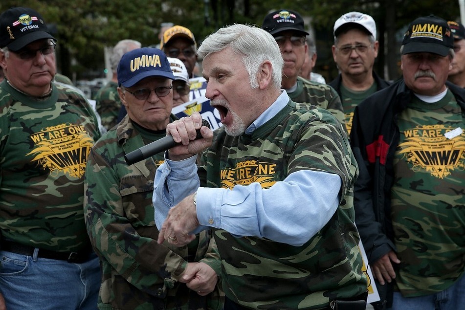 United Mine Workers of America President Cecil E. Roberts speaks to union members during a rally in Washington DC.