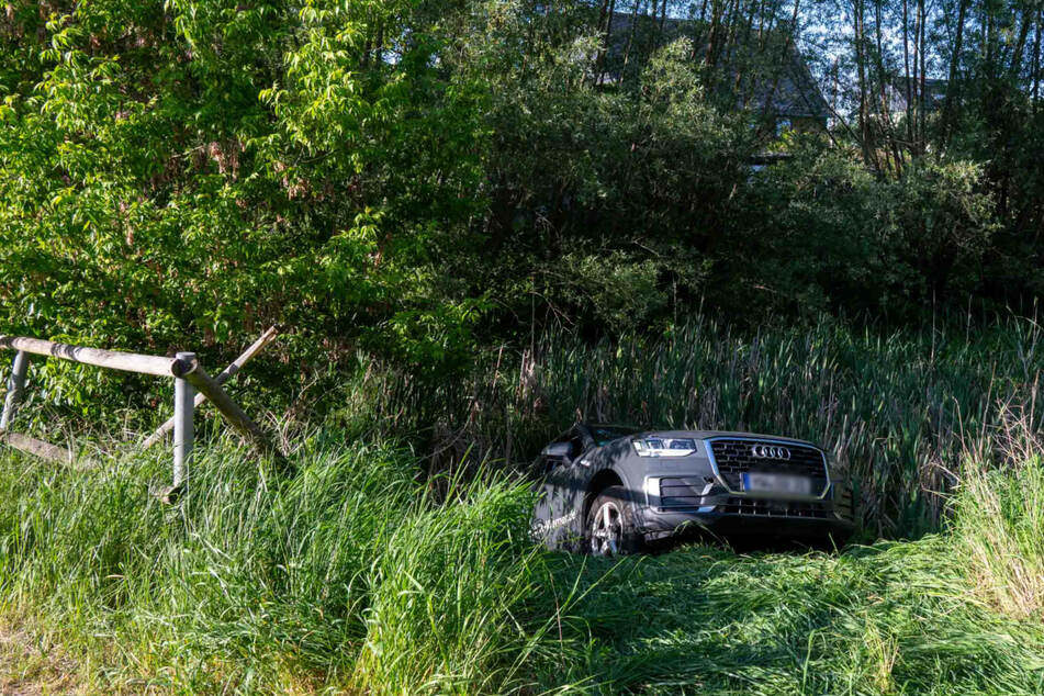 Audi durchbricht Zaun und rollt in Teich